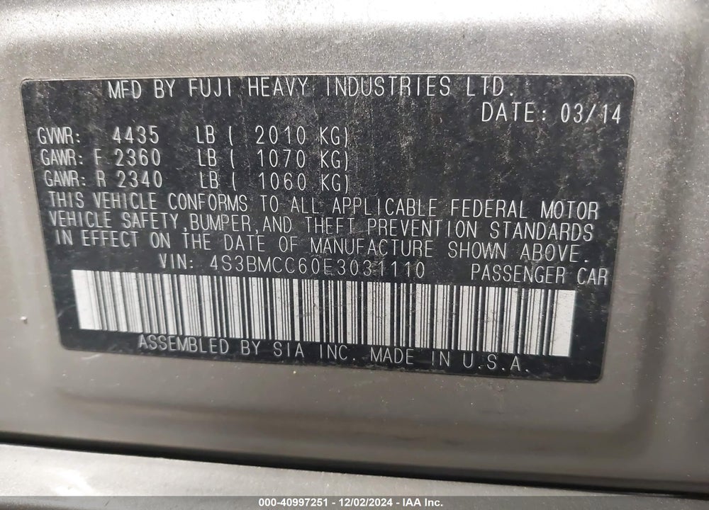 2014 SUBARU LEGACY VIN: 4S3BMCC60E3031110