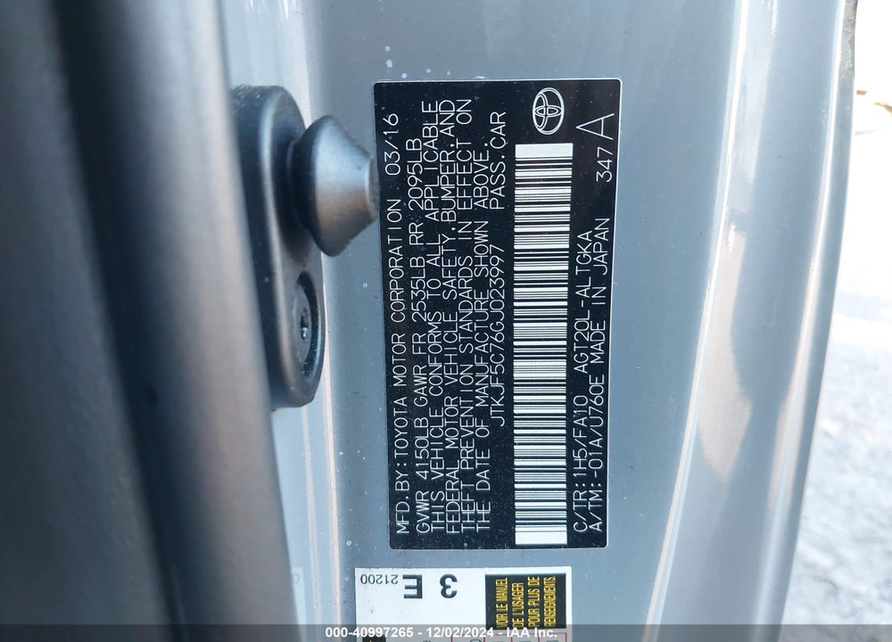 2016 SCION TC VIN: JTKJF5C76GJ023997