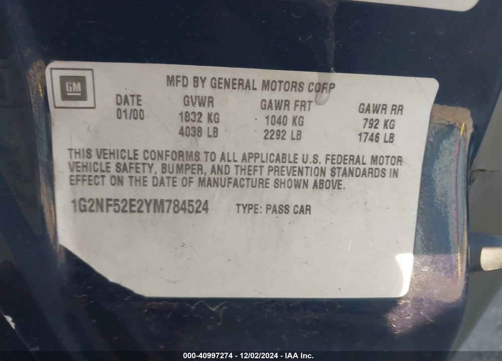 2000 PONTIAC GRAND AM SE1 VIN: 1G2NF52E2YM784524