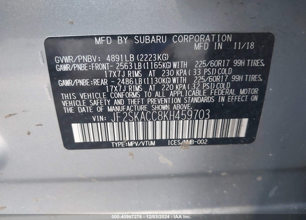 2019 SUBARU FORESTER VIN: JF2SKACC8KH459703