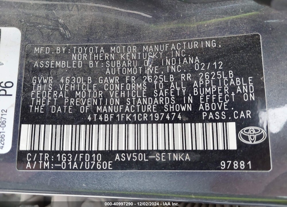2012 TOYOTA CAMRY LE VIN: 4T4BF1FK1CR197474