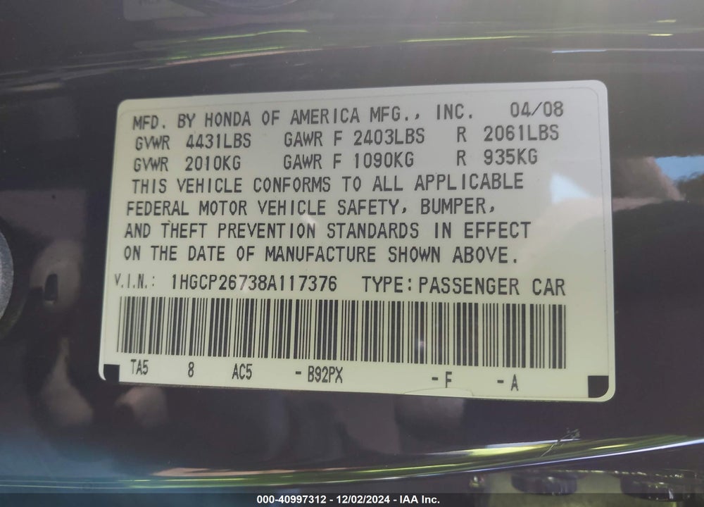 2008 HONDA ACCORD 2.4 EX VIN: 1HGCP26738A117376