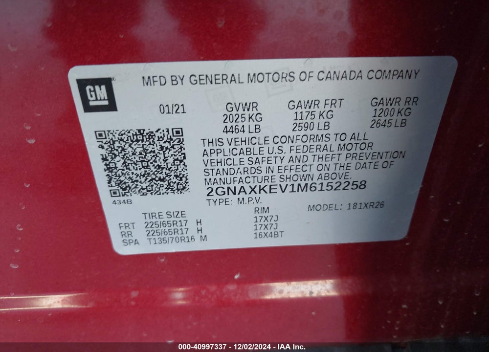 2021 CHEVROLET EQUINOX FWD LT VIN: 2GNAXKEV1M6152258
