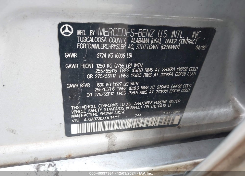 1999 MERCEDES-BENZ ML 430 VIN: 4JGAB72EXXA114717