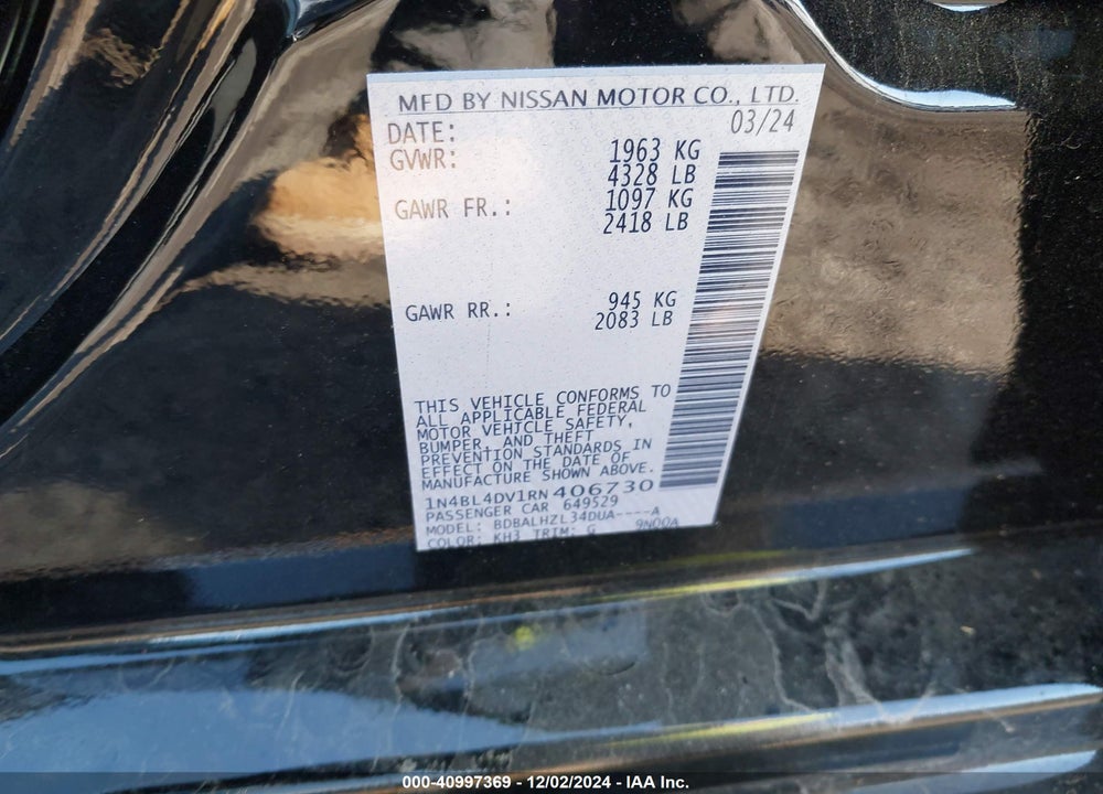 2024 NISSAN ALTIMA SV FWD VIN: 1N4BL4DV1RN406730