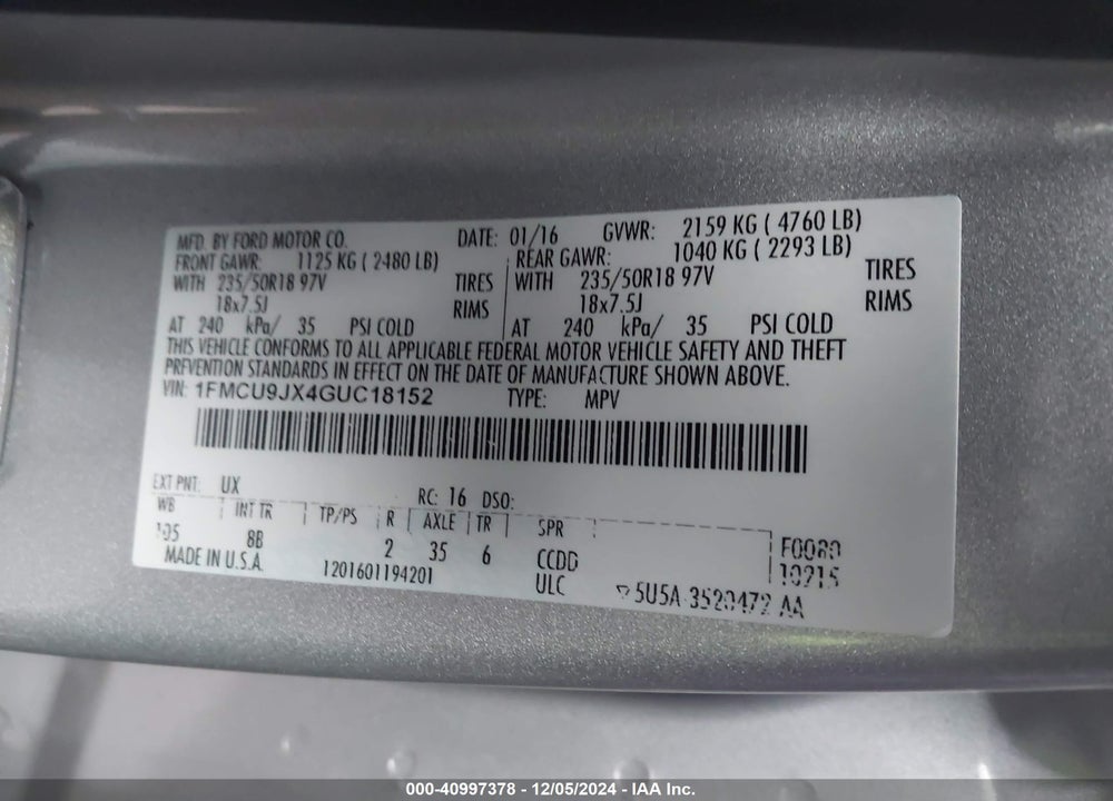 2016 FORD ESCAPE TITANIUM VIN: 1FMCU9JX4GUC18152