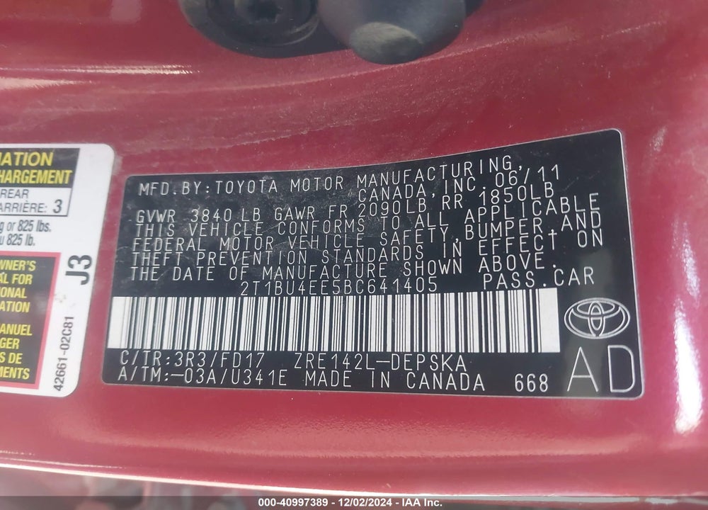 2011 TOYOTA COROLLA S VIN: 2T1BU4EE5BC641405