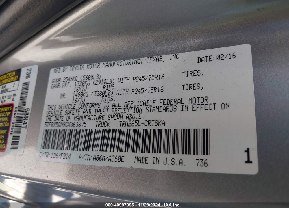 2016 TOYOTA TACOMA SR VIN: 5TFRX5GN9GX063875