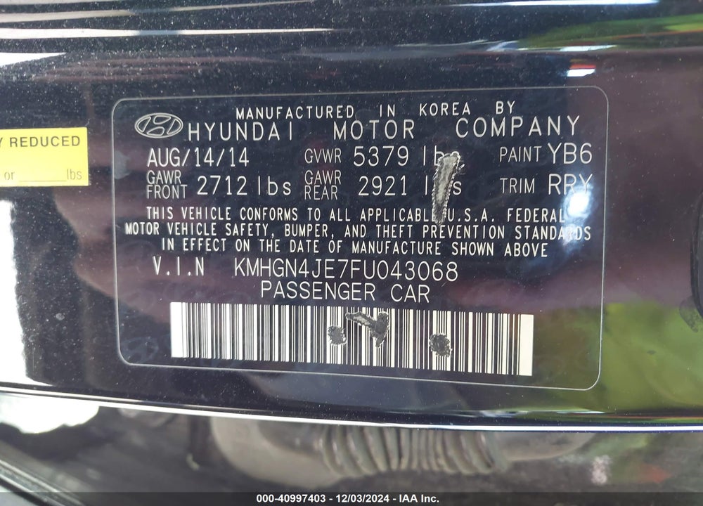 2015 HYUNDAI GENESIS VIN: KMHGN4JE7FU043068