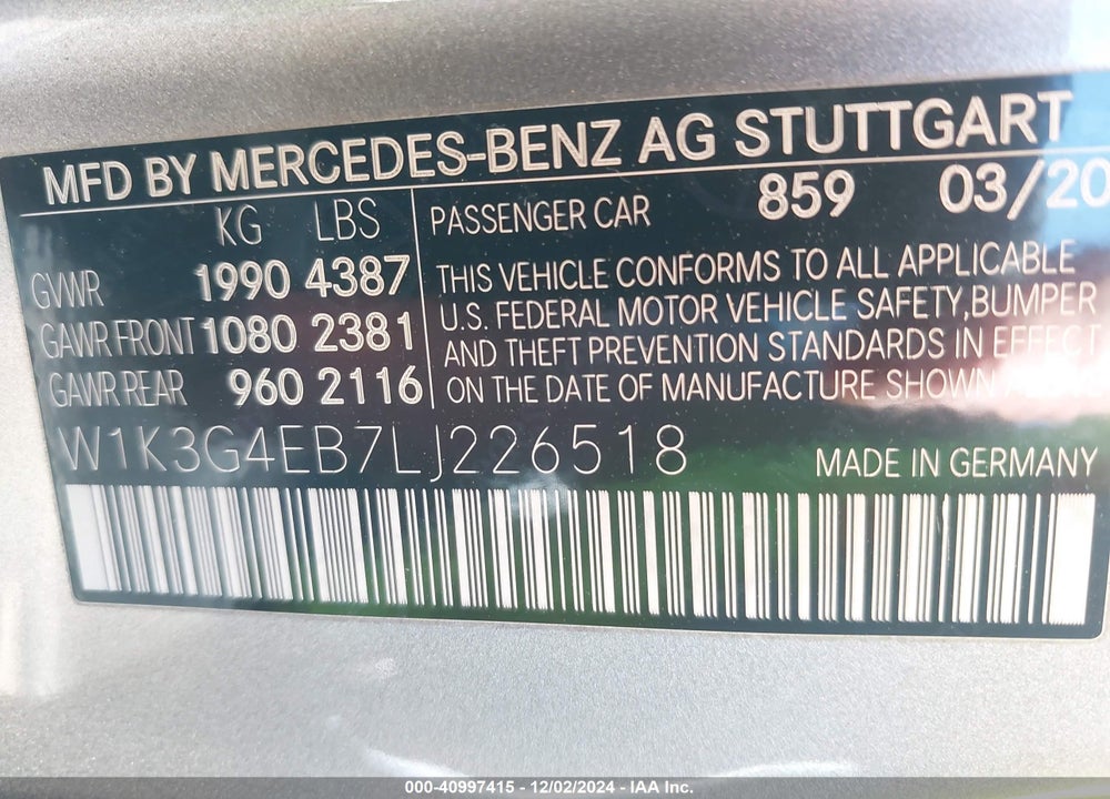 2020 MERCEDES-BENZ A 220 VIN: W1K3G4EB7LJ226518