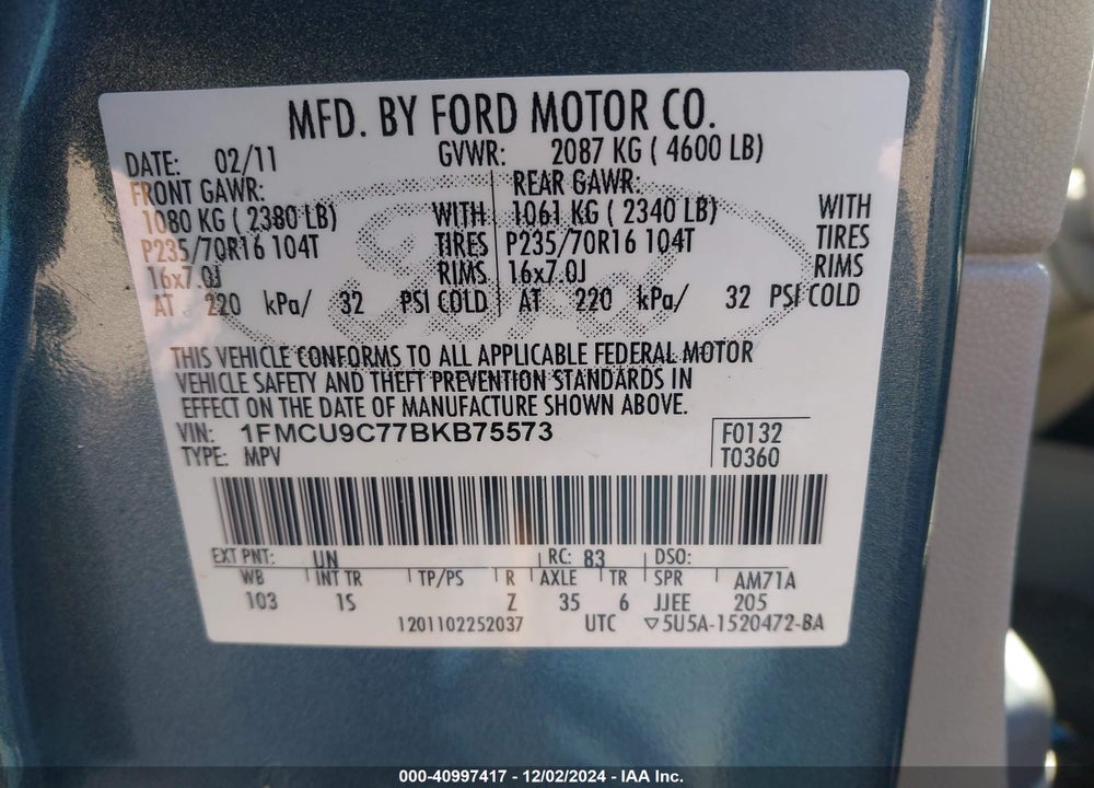 2011 FORD ESCAPE XLS VIN: 1FMCU9C77BKB75573