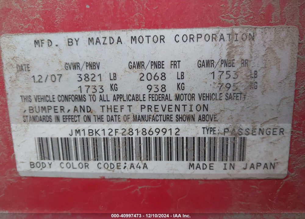2008 MAZDA 3 I SPORT VIN: JM1BK12F281869912