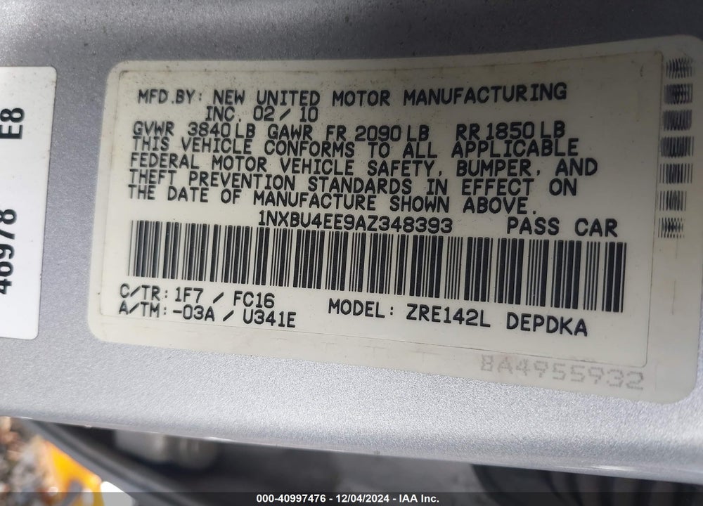 2010 TOYOTA COROLLA LE VIN: 1NXBU4EE9AZ348393