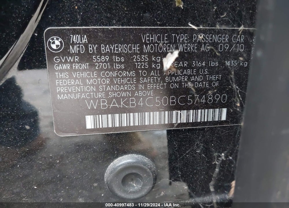 2011 BMW 740LI VIN: WBAKB4C50BC574890