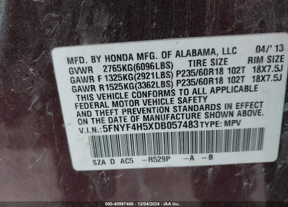2013 HONDA PILOT EX-L VIN: 5FNYF4H5XDB057483