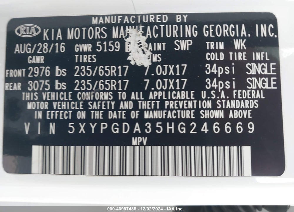 2017 KIA SORENTO 2.4L LX VIN: 5XYPGDA35HG246669