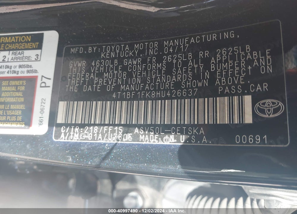 2017 TOYOTA CAMRY VIN: 4T1BF1FK8HU426637