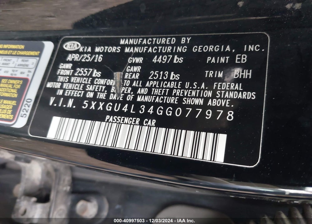 2016 KIA OPTIMA EX VIN: 5XXGU4L34GG077978
