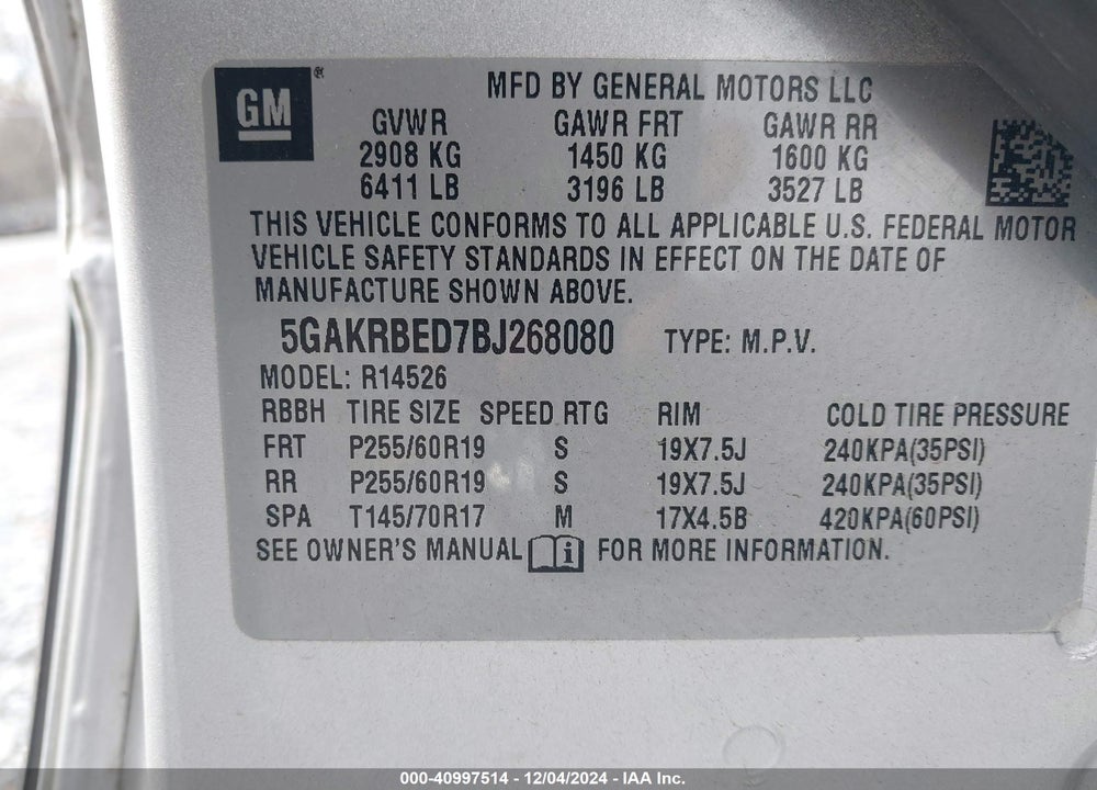 2011 BUICK ENCLAVE 1XL VIN: 5GAKRBED7BJ268080