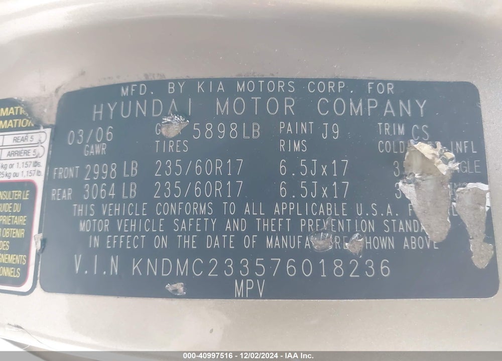 2007 HYUNDAI ENTOURAGE GLS/LIMITED/SE VIN: KNDMC233576018236