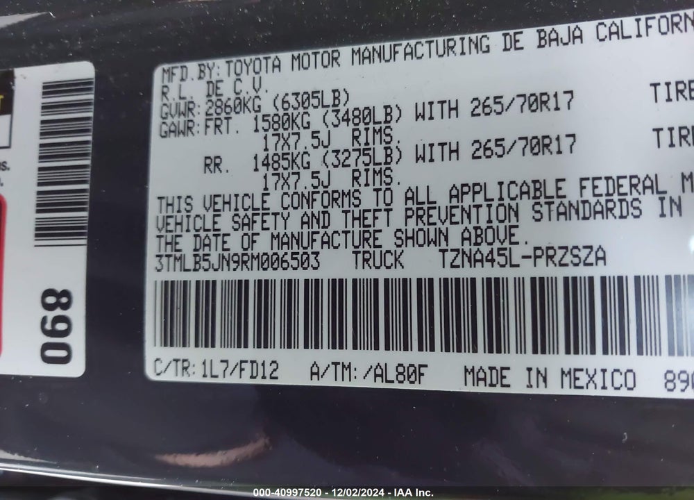 2024 TOYOTA TACOMA TRD OFF ROAD VIN: 3TMLB5JN9RM006503
