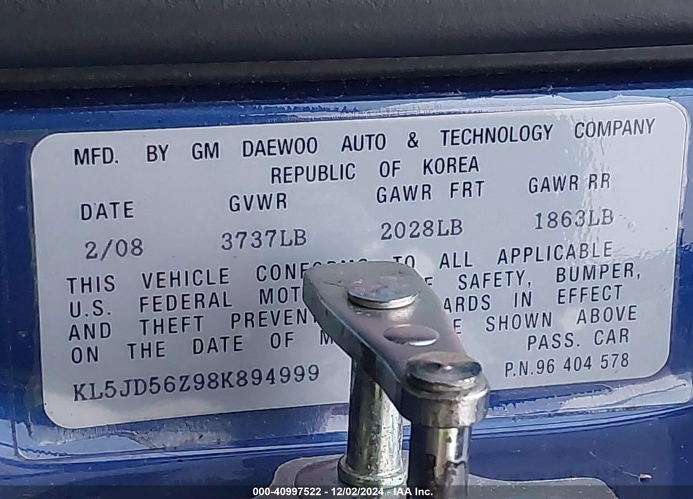 2008 SUZUKI FORENZA CONVENIENCE/POPULAR VIN: KL5JD56Z98K894999