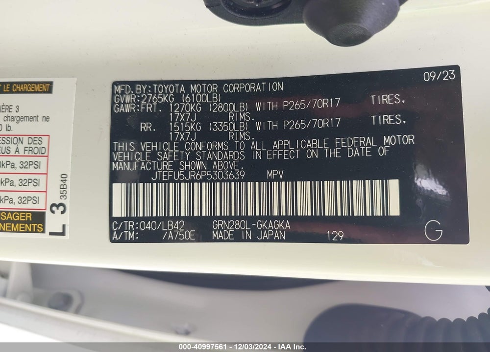 2023 TOYOTA 4RUNNER VIN: JTEFU5JR6P5303639