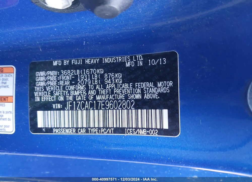 2014 SUBARU BRZ LIMITED VIN: JF1ZCAC17E9602802