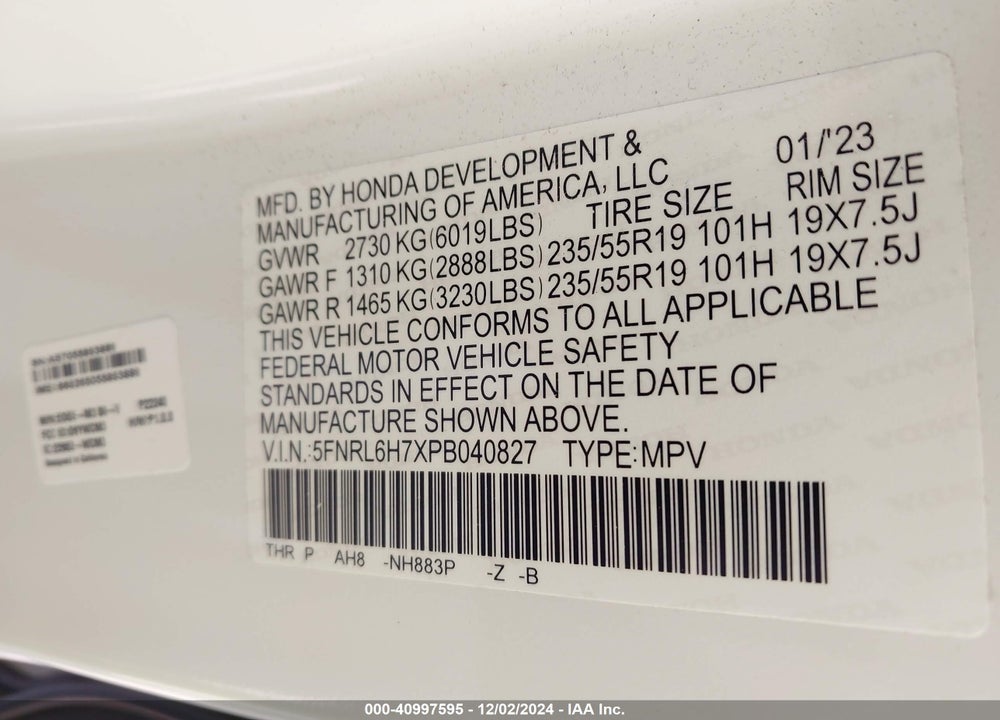 2023 HONDA ODYSSEY SPORT VIN: 5FNRL6H7XPB040827