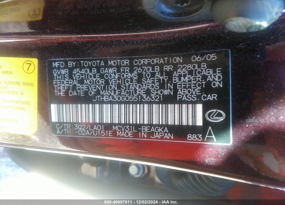 2005 LEXUS ES 330 VIN: JTHBA30G055136321