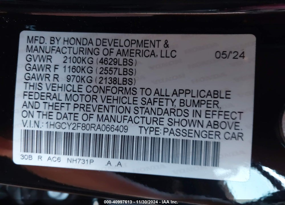 2024 HONDA ACCORD VIN: 1HGCY2F80RA066409