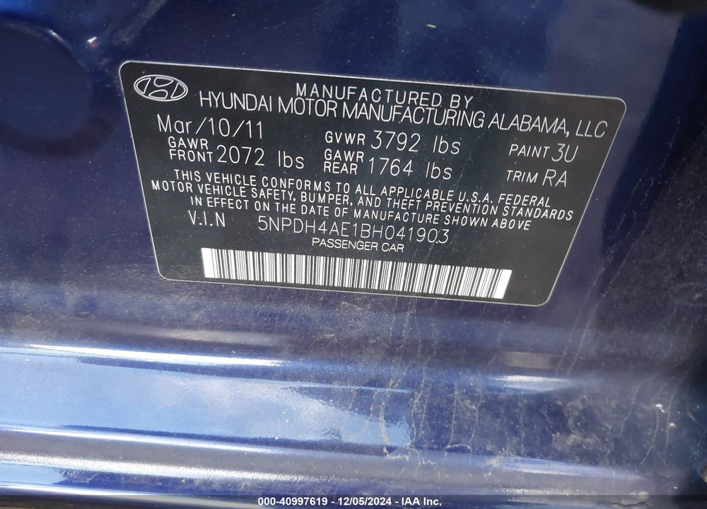 2011 HYUNDAI ELANTRA GLS VIN: 5NPDH4AE1BH041903