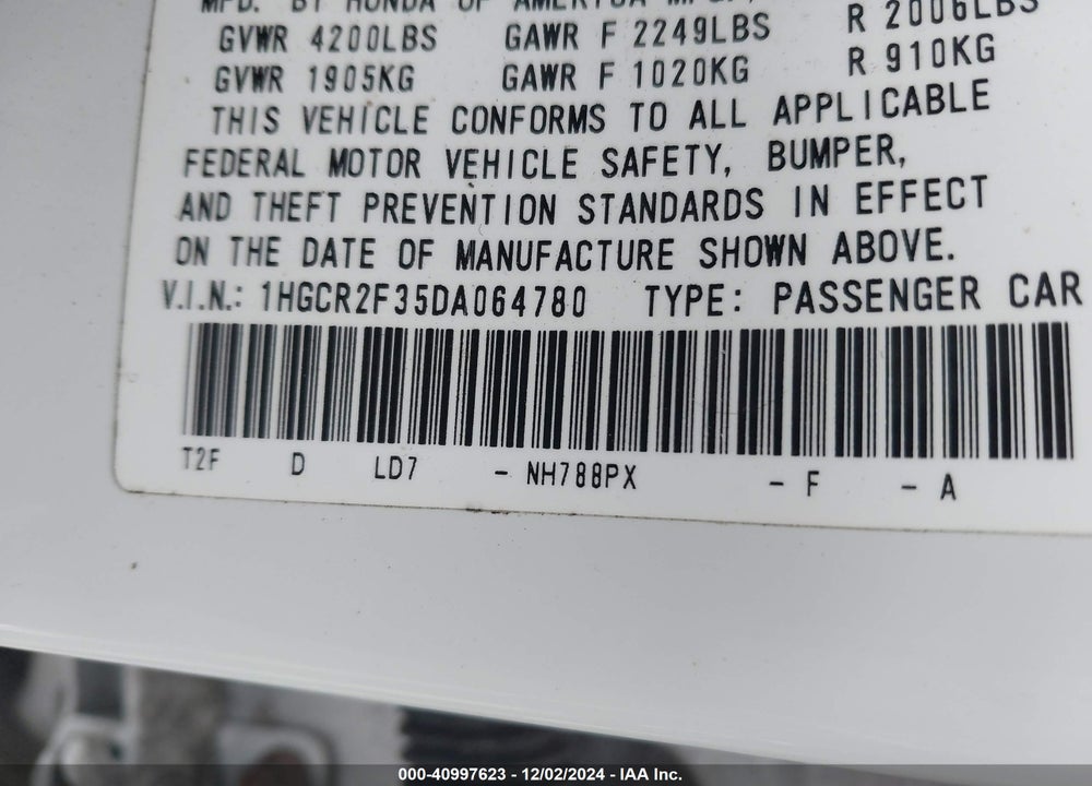 2013 HONDA ACCORD LX VIN: 1HGCR2F35DA064780