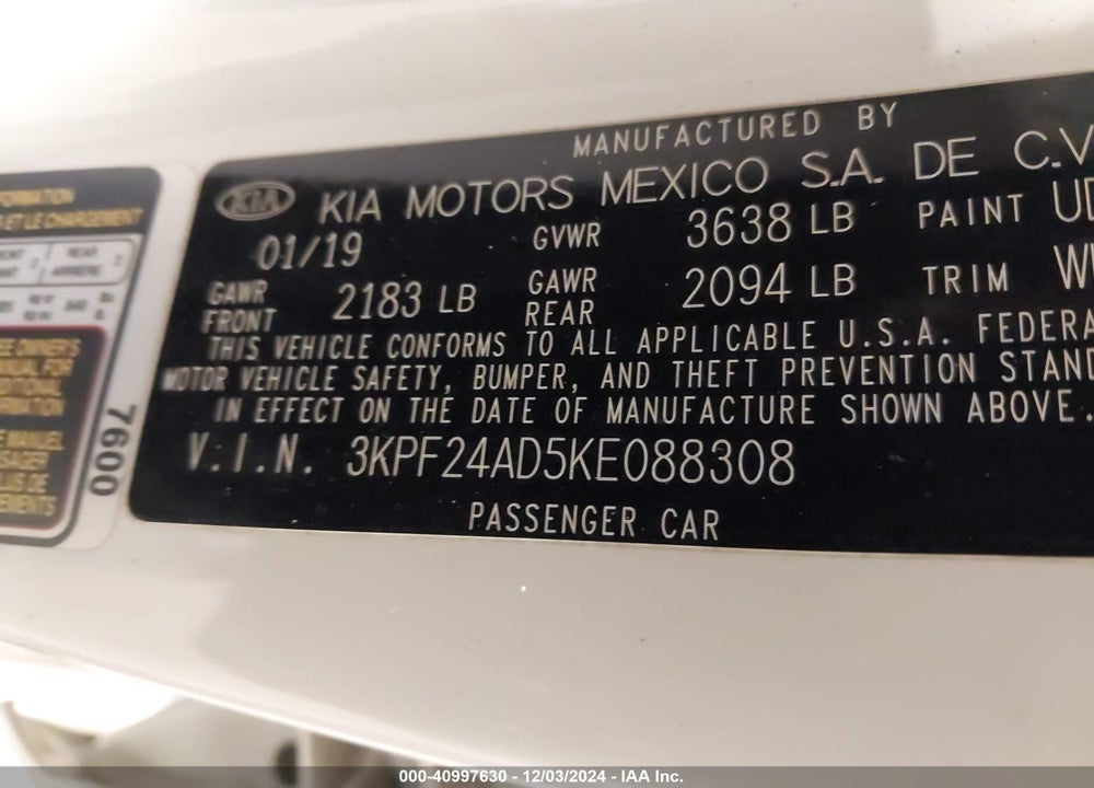2019 KIA FORTE VIN: 3KPF24AD5KE088308