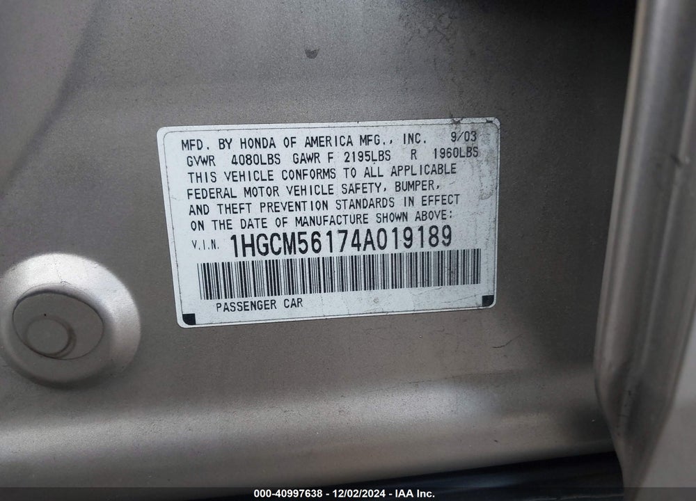 2004 HONDA ACCORD 2.4 DX VIN: 1HGCM56174A019189