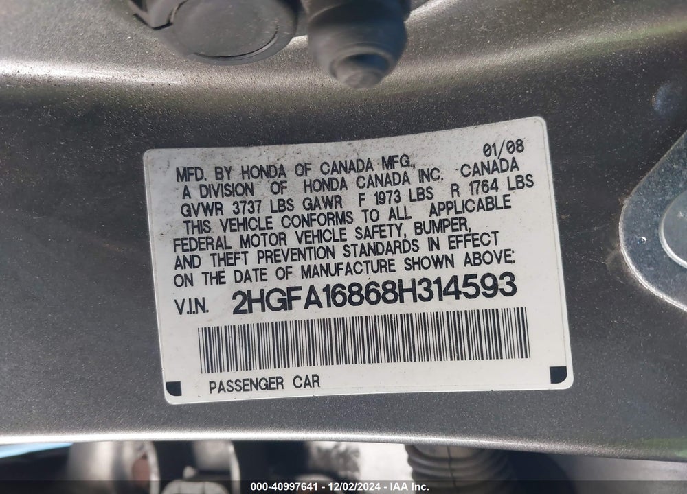 2008 HONDA CIVIC EX VIN: 2HGFA16868H314593