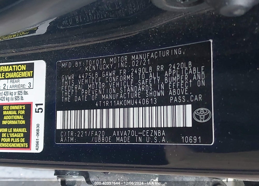 2021 TOYOTA CAMRY LE VIN: 4T1R11AK0MU440613