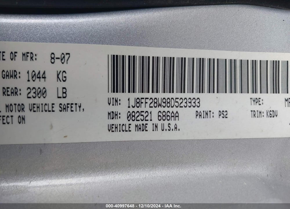 2008 JEEP PATRIOT SPORT VIN: 1J8FF28W98D523933