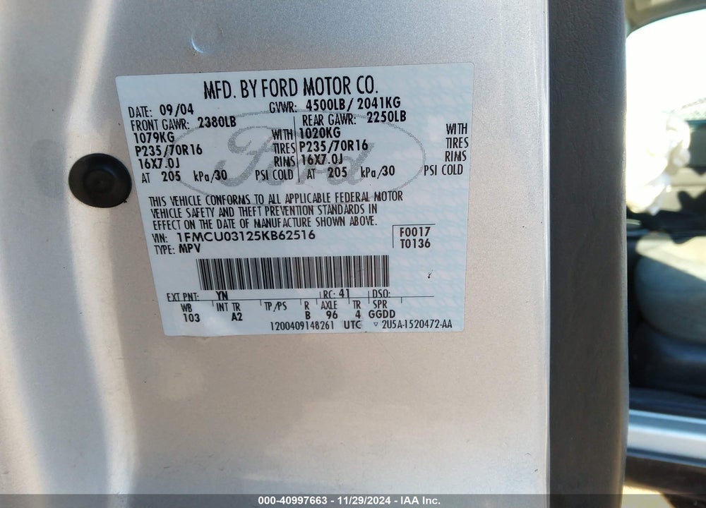 2005 FORD ESCAPE XLT VIN: 1FMCU03125KB62516