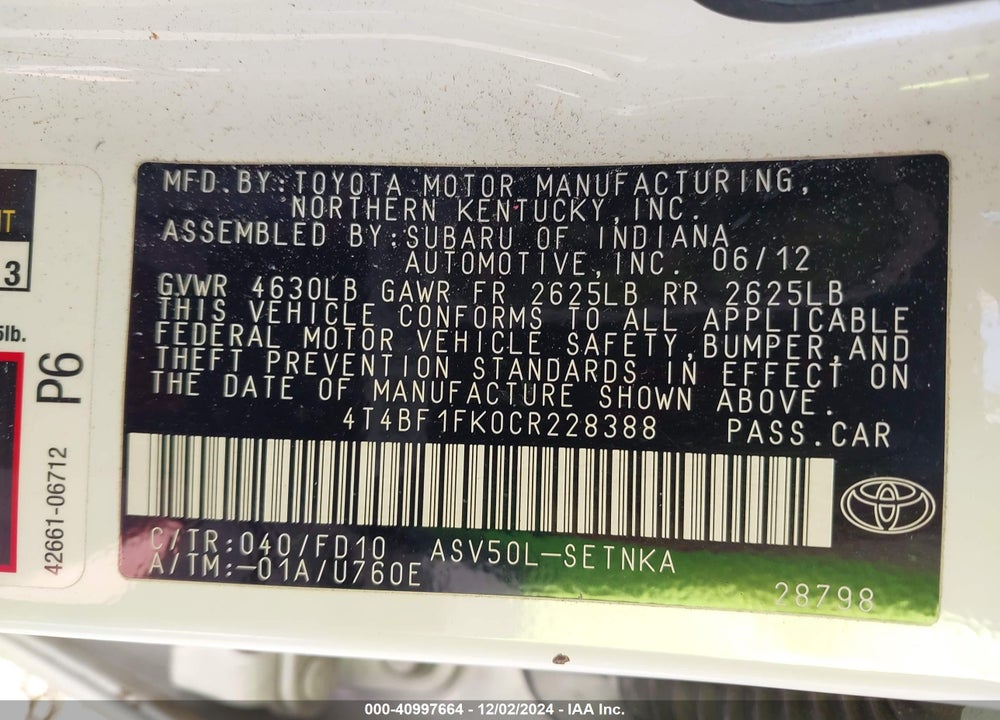 2012 TOYOTA CAMRY LE VIN: 4T4BF1FK0CR228388