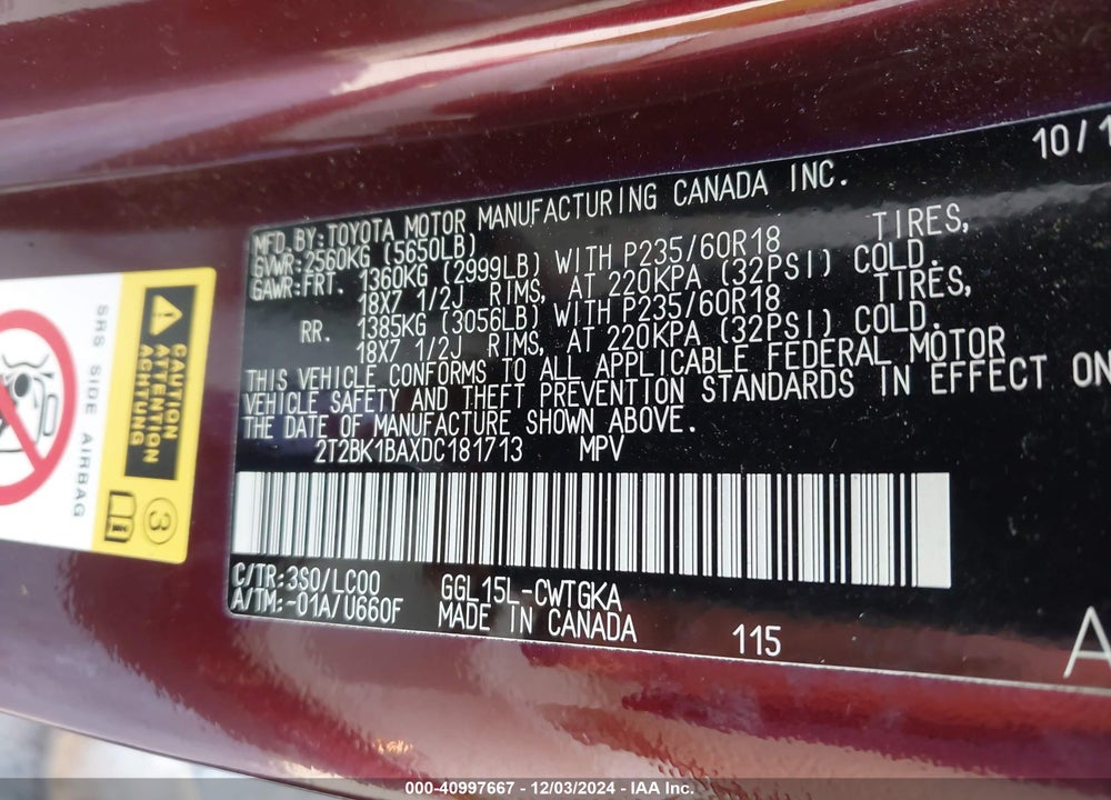 2013 LEXUS RX 350 VIN: 2T2BK1BAXDC181713