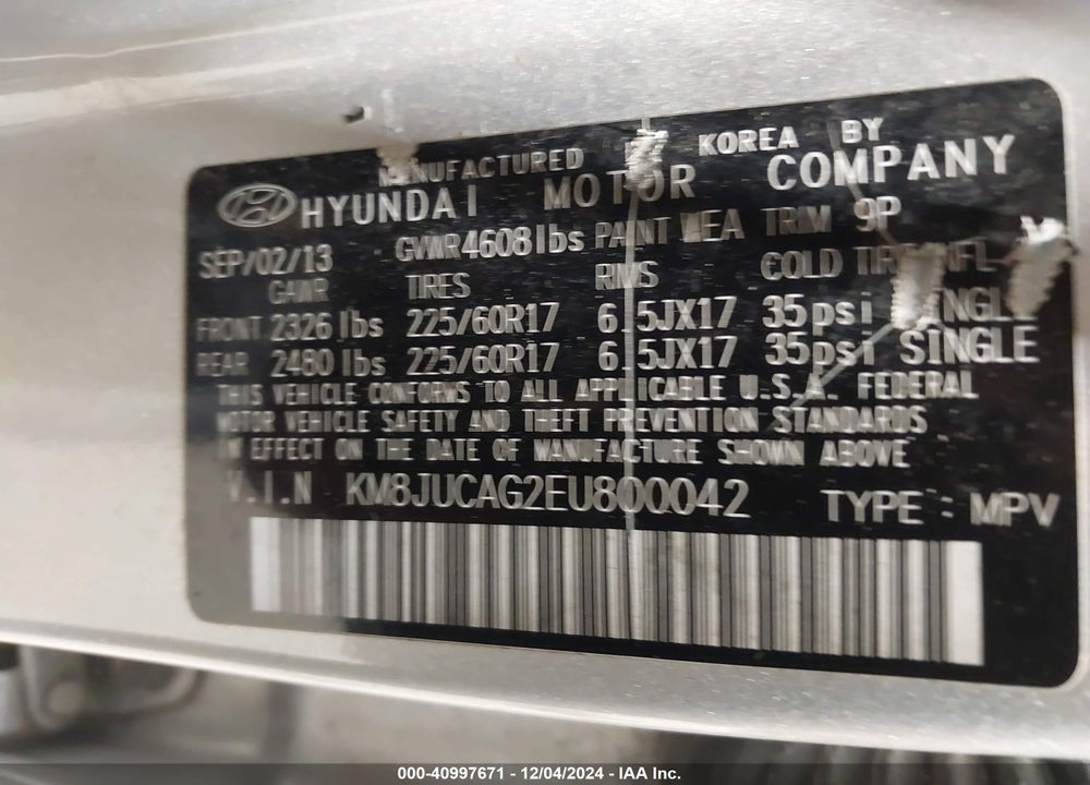 2014 HYUNDAI TUCSON SE VIN: KM8JUCAG2EU800042