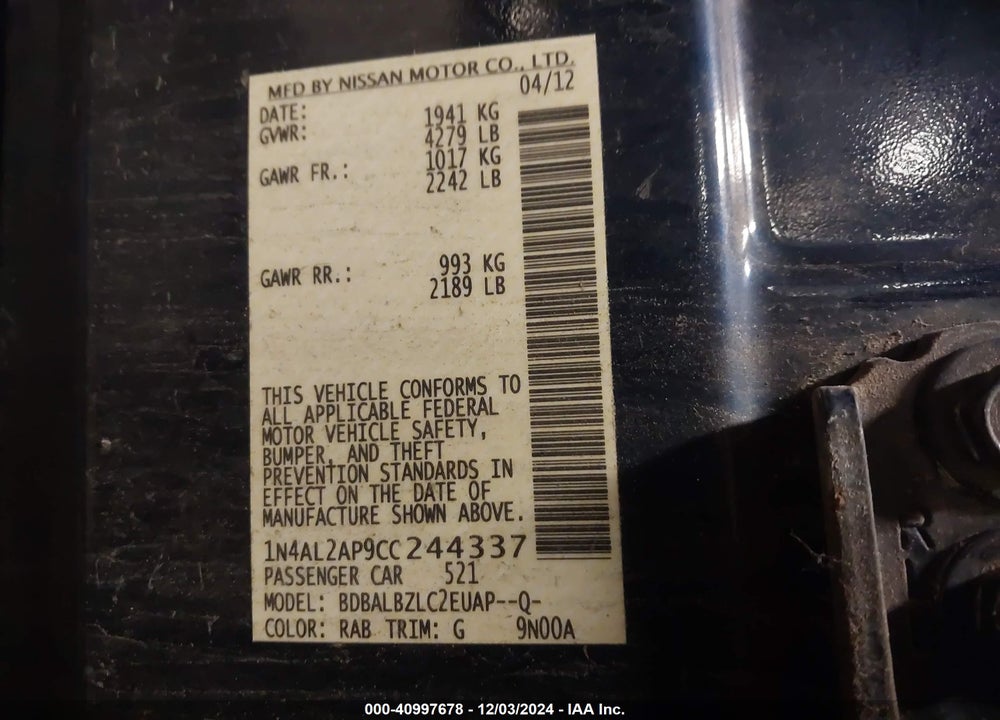 2012 NISSAN ALTIMA 2.5 S VIN: 1N4AL2AP9CC244337