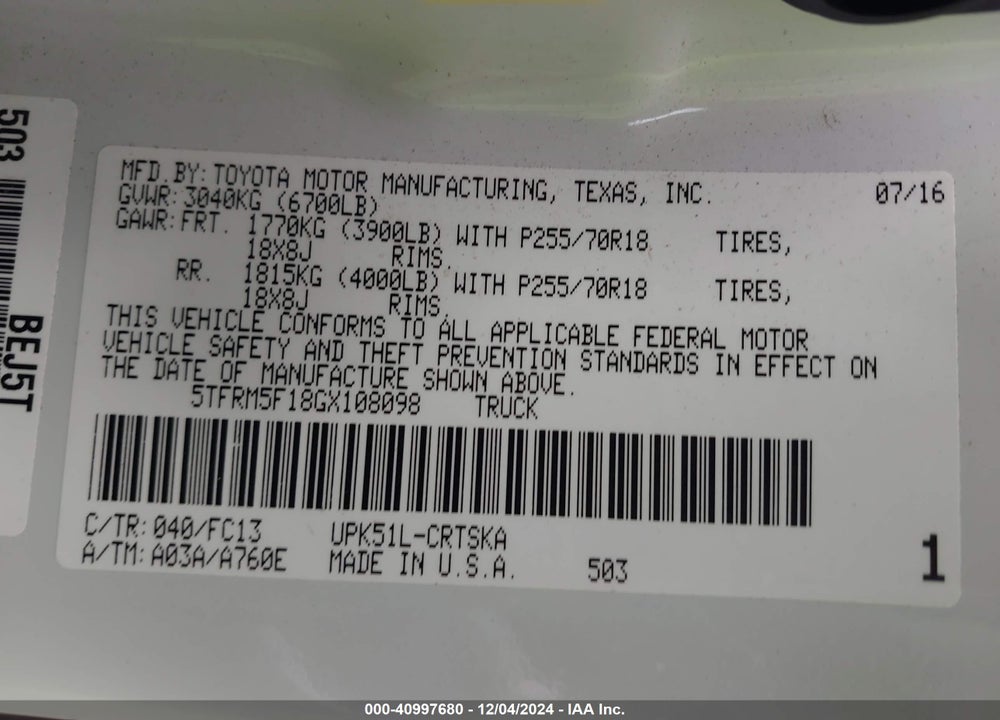 2016 TOYOTA TUNDRA VIN: 5TFRM5F18GX108098