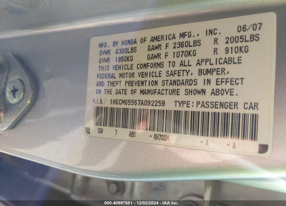 2007 HONDA ACCORD 3.0 EX VIN: 1HGCM65567A092259