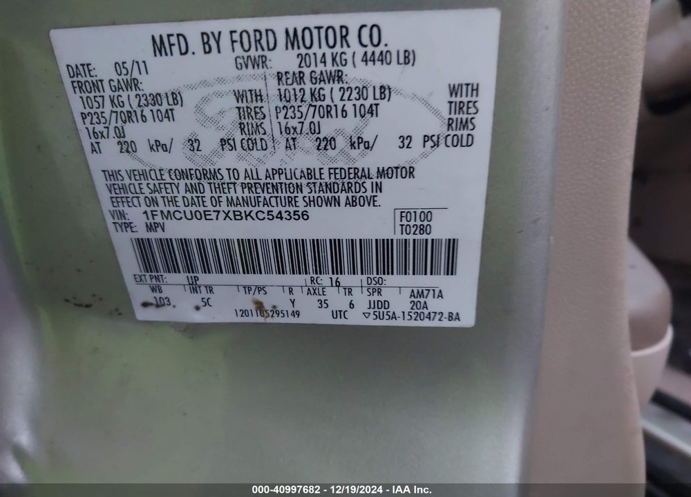 2011 FORD ESCAPE LIMITED VIN: 1FMCU0E7XBKC54356