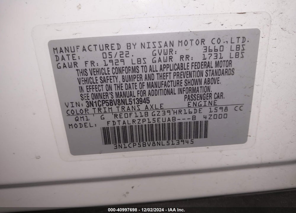 2022 NISSAN KICKS S XTRONIC CVT VIN: 3N1CP5BV8NL513945
