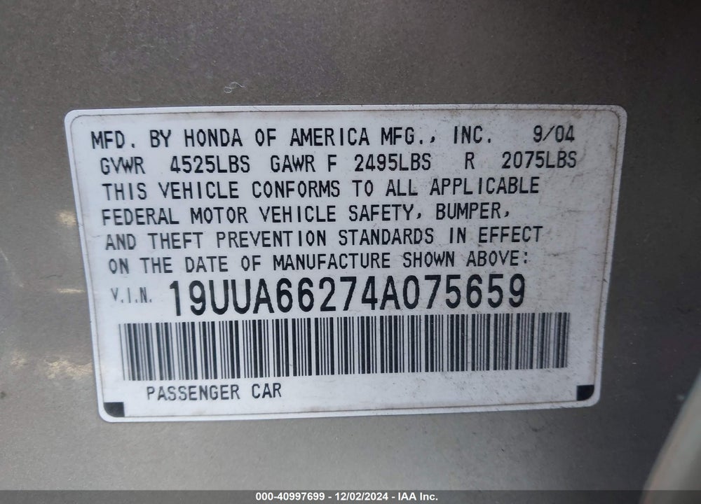 2004 ACURA TL VIN: 19UUA66274A075659