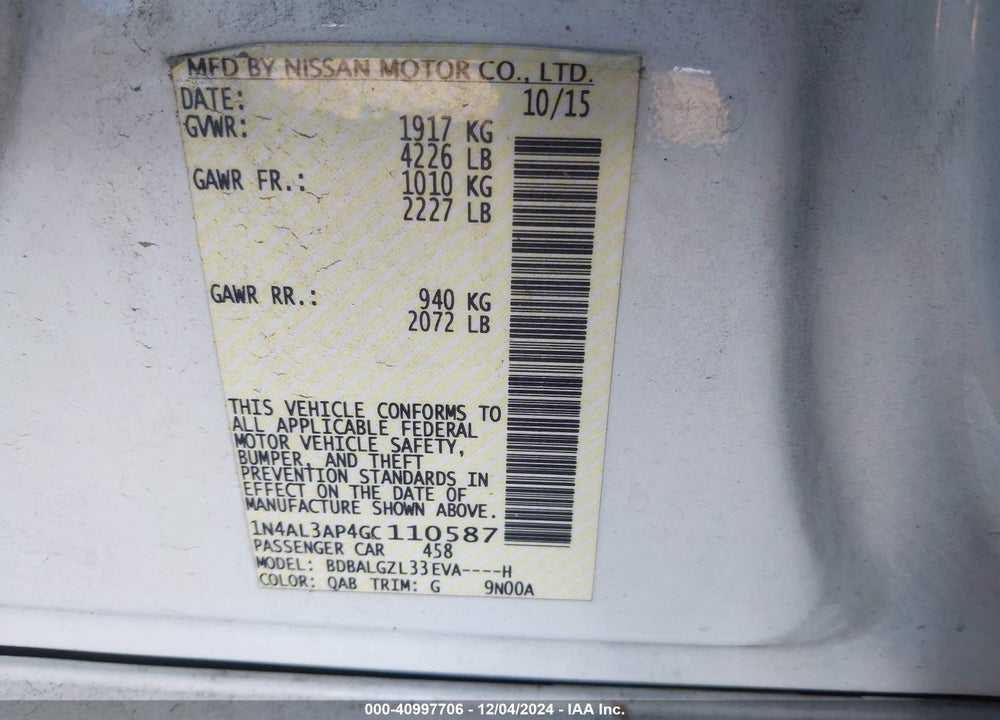 2016 NISSAN ALTIMA VIN: 1N4AL3AP4GC110587