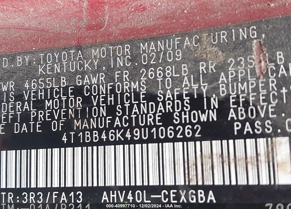 2009 TOYOTA CAMRY HYBRID VIN: 4T1BB46K49U106262